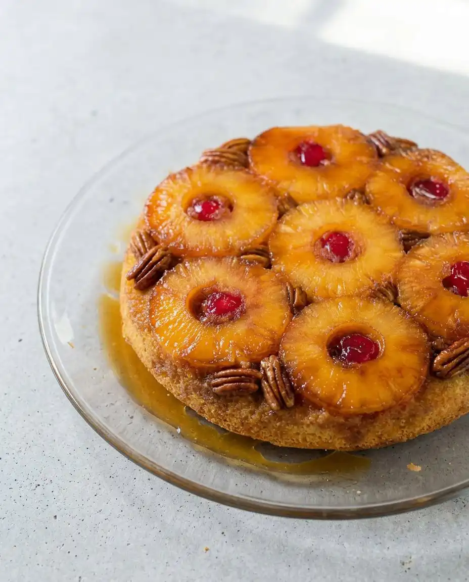 A single warm slice of Classic Pineapple Upside Down Cake served with cold vanilla bean ice cream.