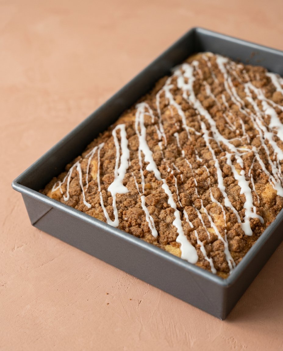 A slice of Classic Streusel Coffee Cake served on a plate next to a steaming mug of hot black coffee