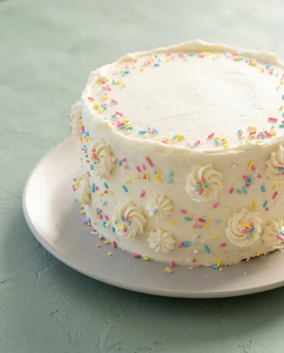 A slice of Classic Vanilla Layer Cake served with a side of fresh strawberries.