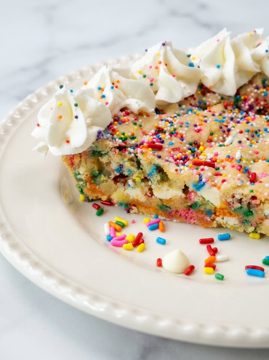 Funfetti Birthday Cookie Cake 16 A slice of Funfetti Birthday Cookie Cake served with a scoop of vanilla ice cream.
