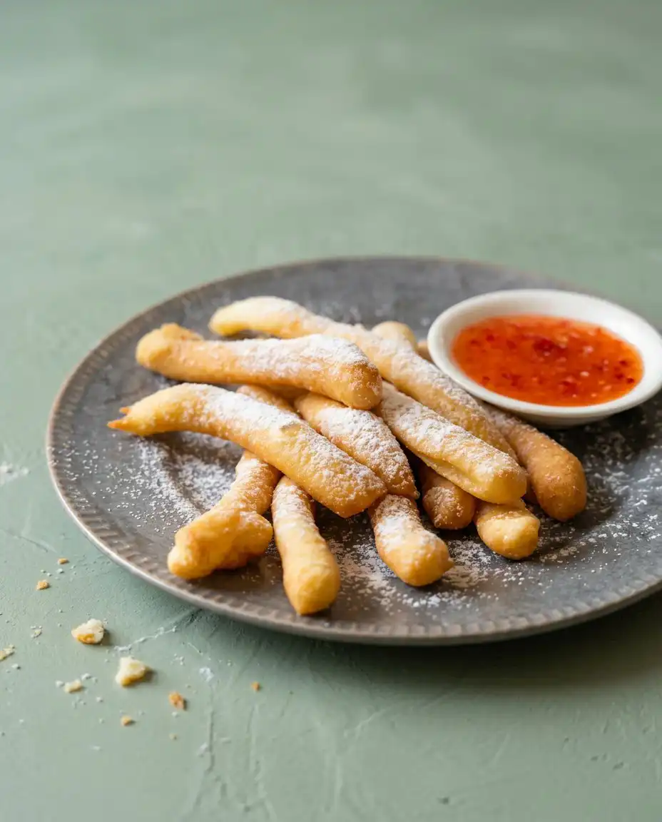 Platter of crispy Classic Funnel Cake Fries served with a small dish of chocolate ganache.