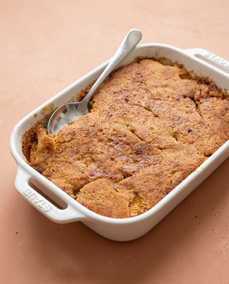 Old-Fashioned Peach Cake 16 A slice of warm Old-Fashioned Peach Cake served in a white bowl with a scoop of melting vanilla ice cream.