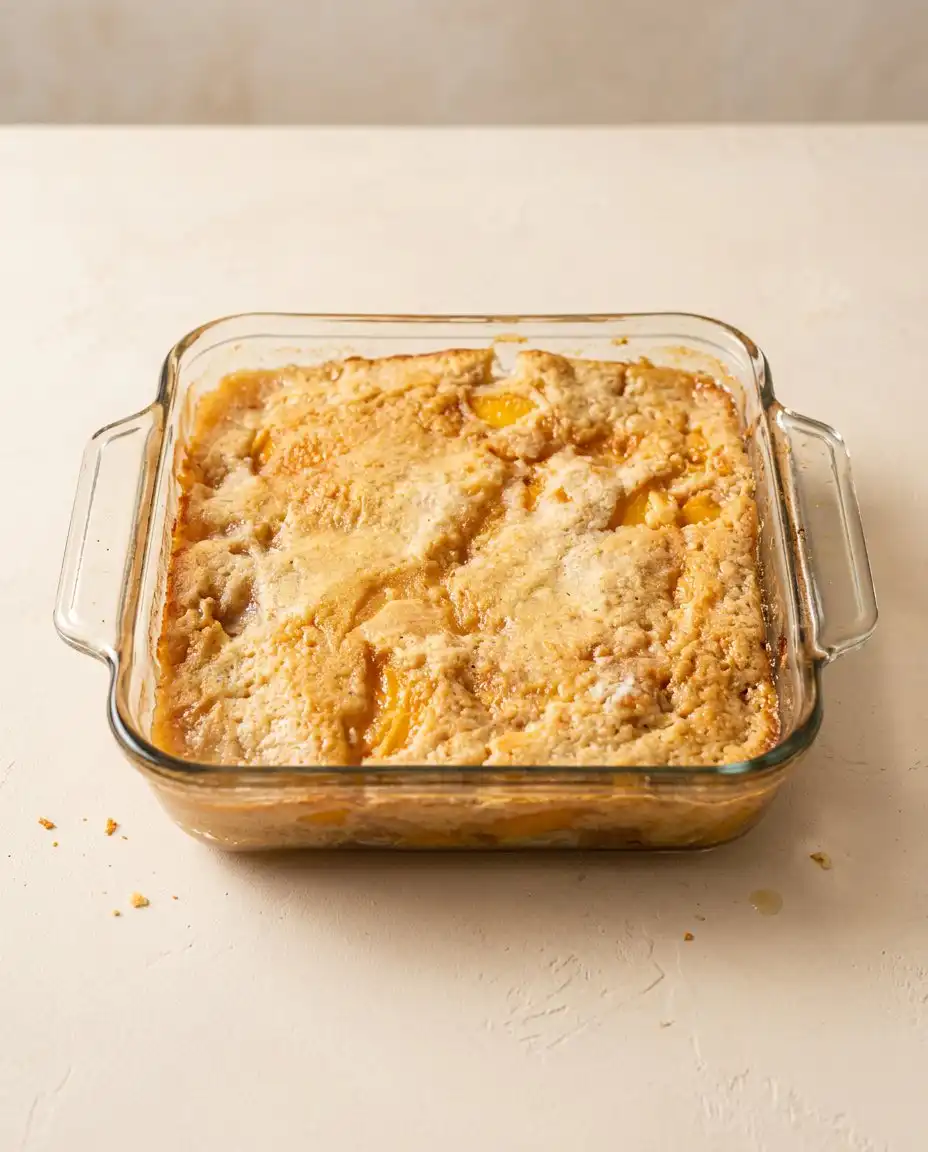 Peach Dump Cake with Frozen Peaches 16 A rustic bowl of warm Peach Dump Cake with Frozen Peaches topped with fresh whipped cream.