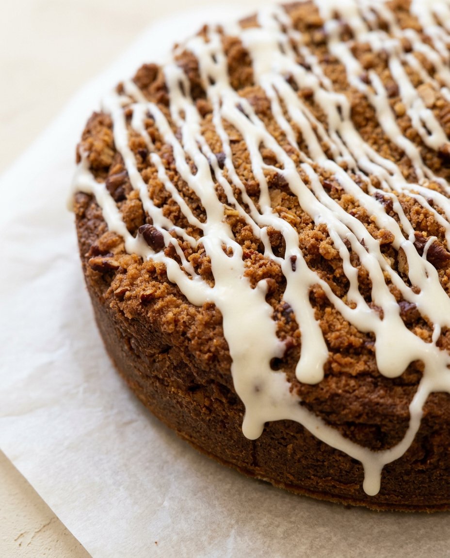 Pecan Streusel Coffee Cake 16 A slice of warm pecan streusel coffee cake served on a classic white plate with tea.