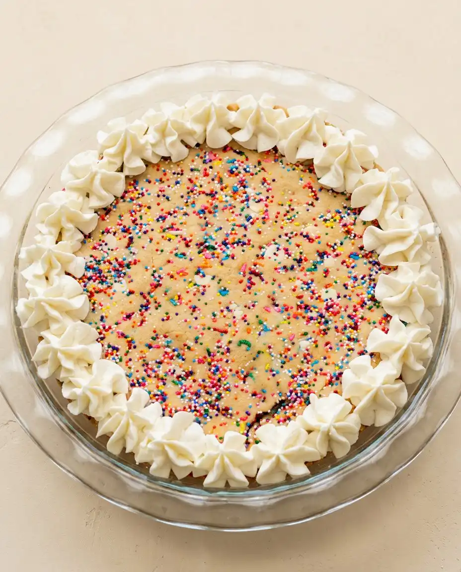 A slice of Rainbow Sprinkle Cookie Cake served on a plate with vanilla ice cream