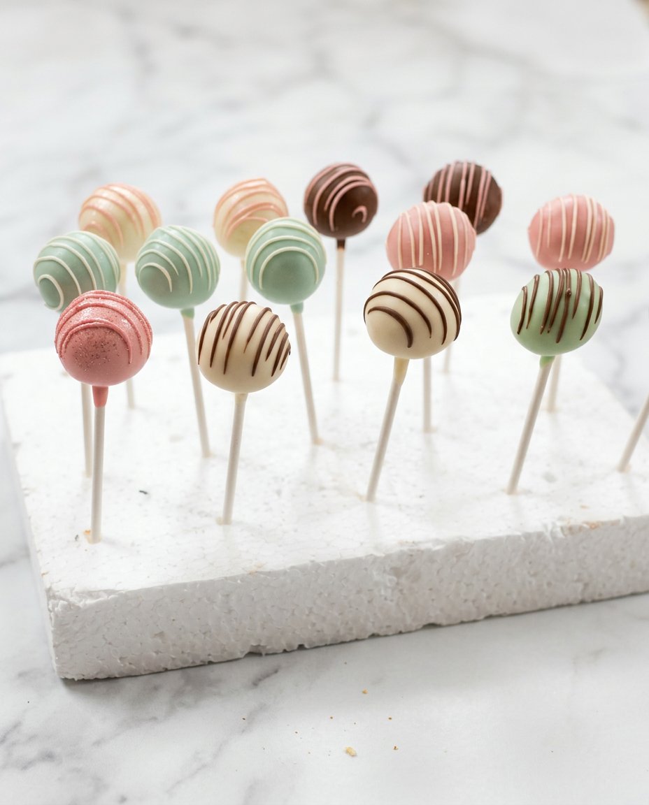 Classic Vanilla Cake Pops 16 Classic Vanilla Cake Pops elegantly arranged on a dessert table alongside other sweet treats