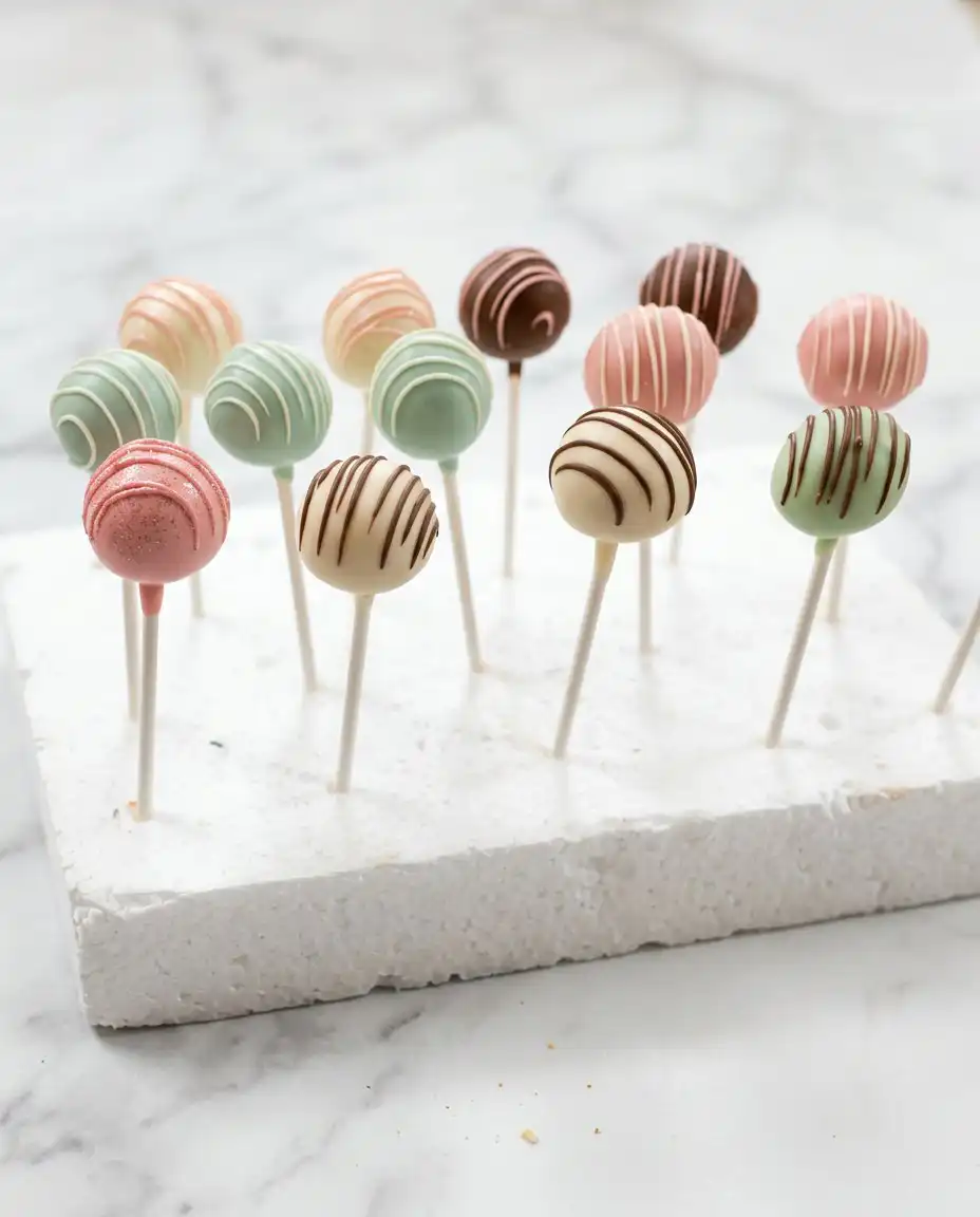 Classic Vanilla Cake Pops elegantly arranged on a dessert table alongside other sweet treats