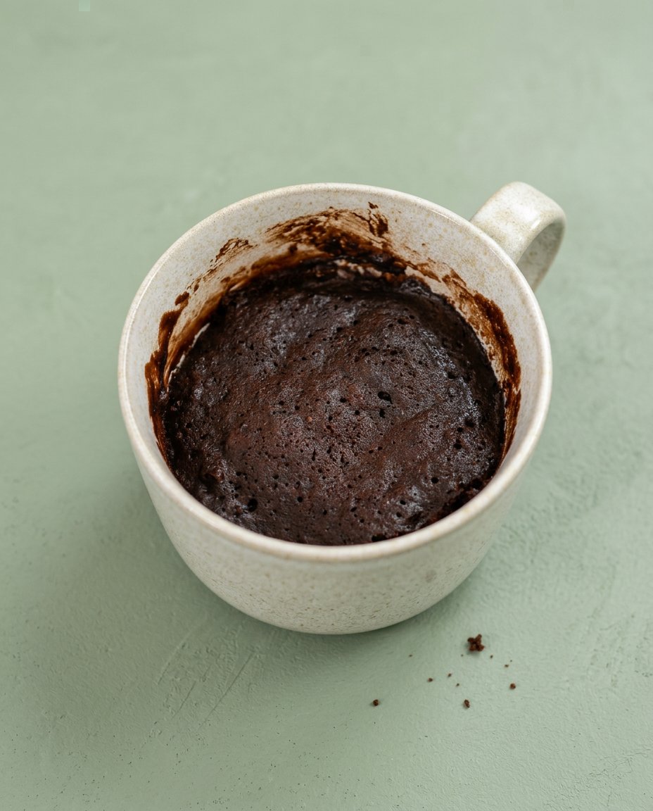 Chocolate Mug Cake 16 Serving a rich Chocolate Mug Cake topped with cool whipped cream and served with a vintage spoon.