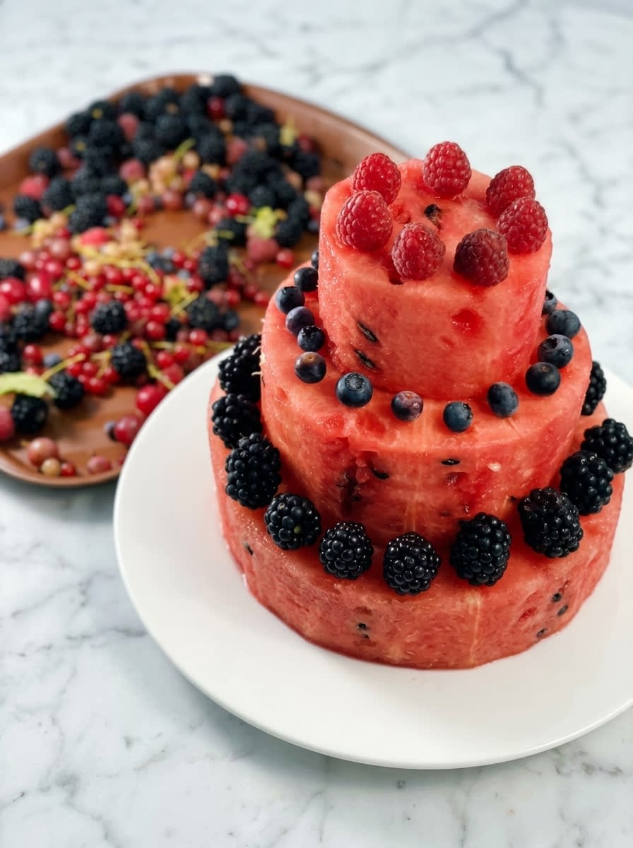 A single slice of Watermelon and Berry Layer Cake plated with fresh mint