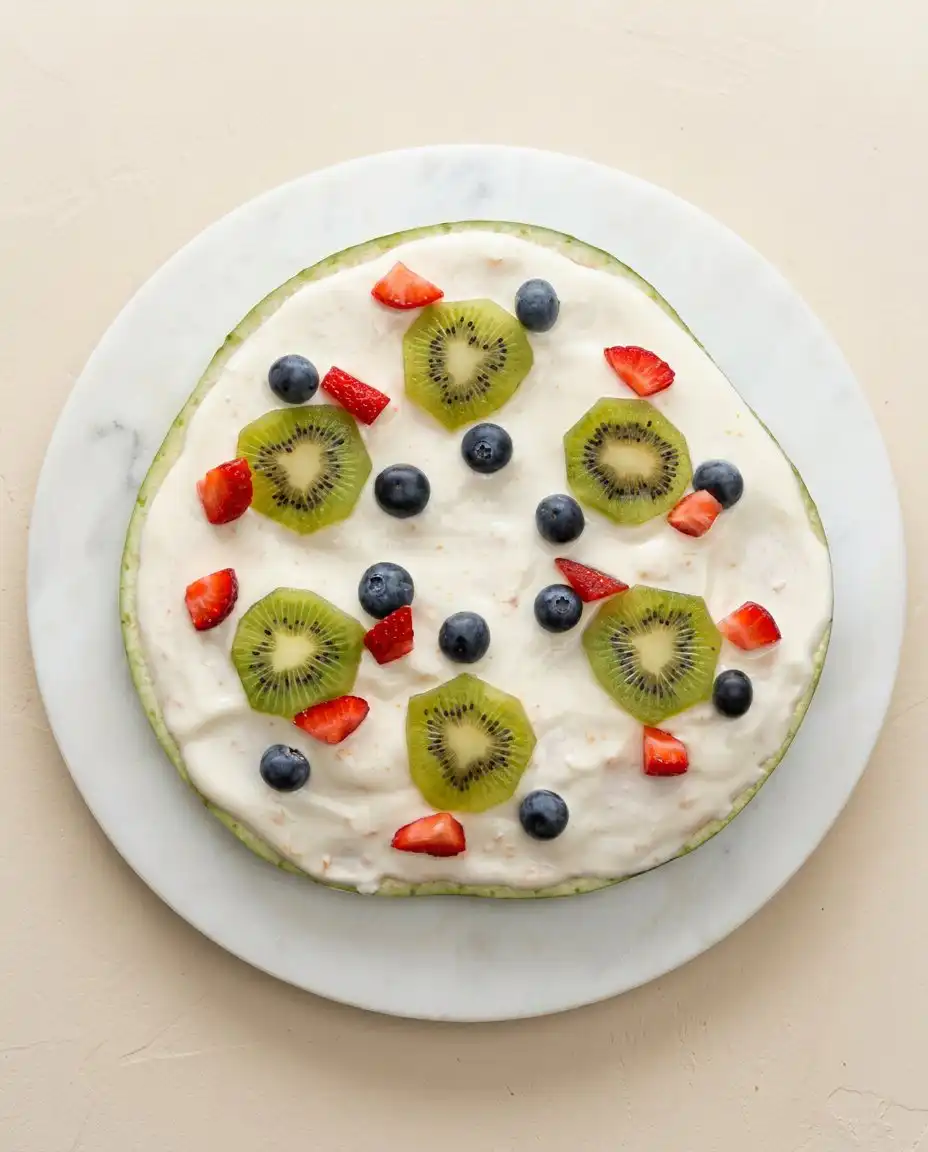 Serving a slice of watermelon pizza cake on a plain white plate on a sunny porch.