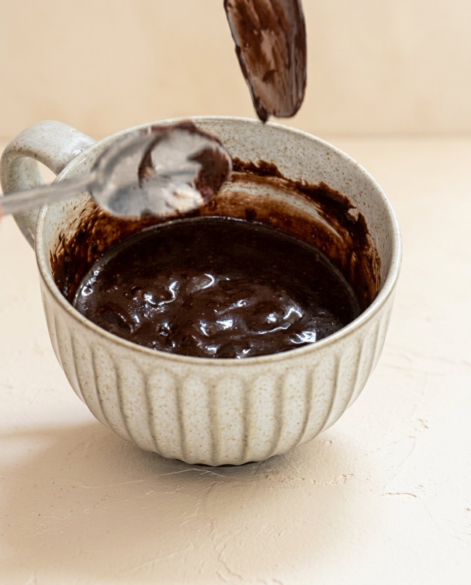 Chocolate Mug Cake 14 Pantry ingredients for a Chocolate Mug Cake measured out in small enamel bowls on a wooden counter.
