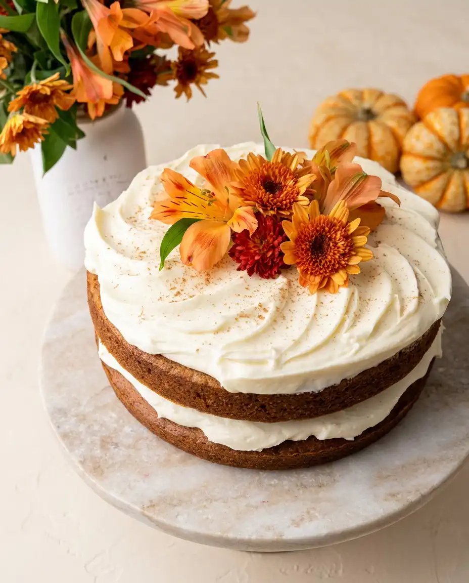 Brown Butter Pumpkin Cake 16 A thick slice of brown butter pumpkin cake served on a vintage plate with hot coffee.