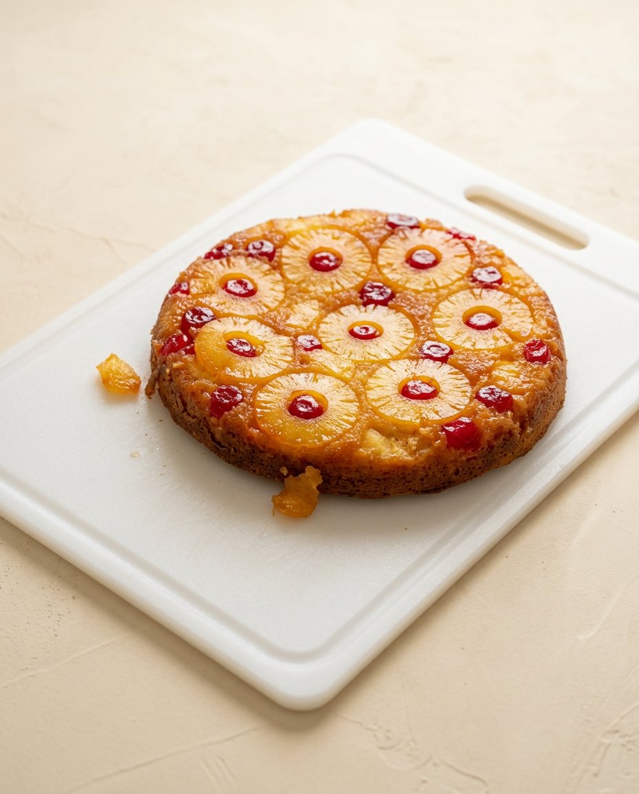 A thick slice of cast iron skillet pineapple upside down cake on a plain white plate.