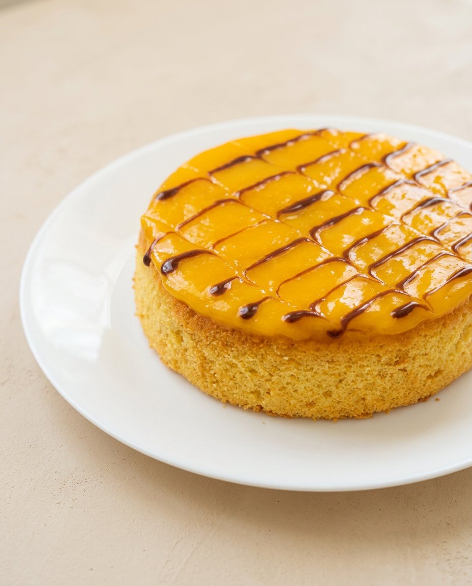 Mango Fresh Fruit Topped Cake 16 A thick slice of golden Mango Fresh Fruit Topped Cake served on a simple white ceramic plate.
