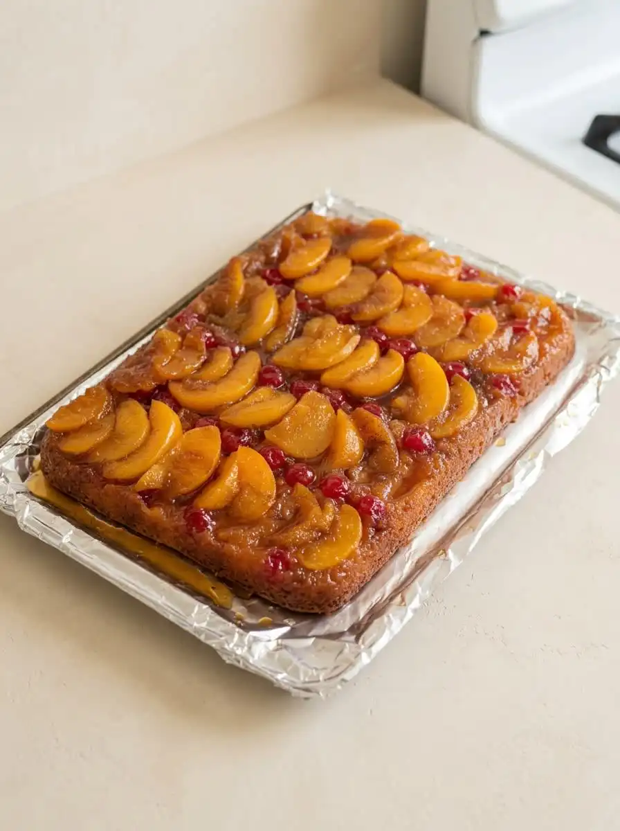 Peach Upside Down Cake with White Box Cake Mix 16 A warm slice of Peach Upside Down Cake with White Box Cake Mix served with melting vanilla ice cream.