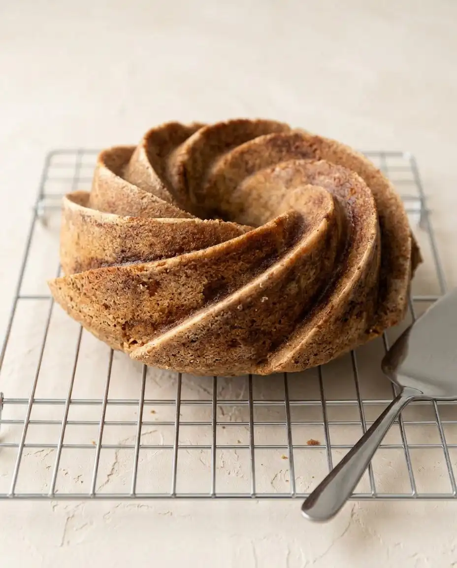 A slice of rustic spiced pear cake topped with a dollop of fresh brandy whipped cream