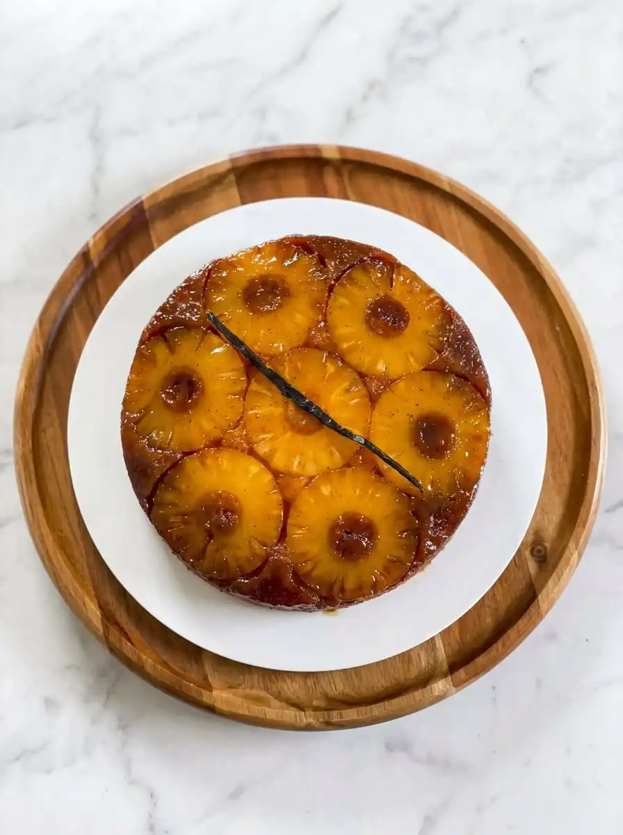 Pineapple Upside-Down Cake 16 A single slice of Pineapple Upside-Down Cake served warm with a dollop of fresh whipped cream.