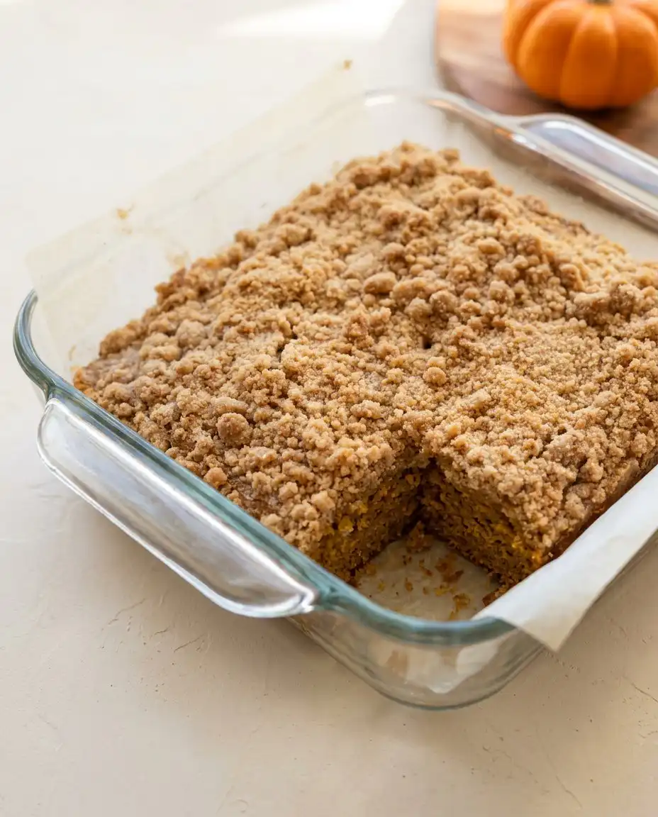 Pumpkin Streusel Coffee Cake 16 A slice of pumpkin streusel coffee cake with pecans on a vintage white plate