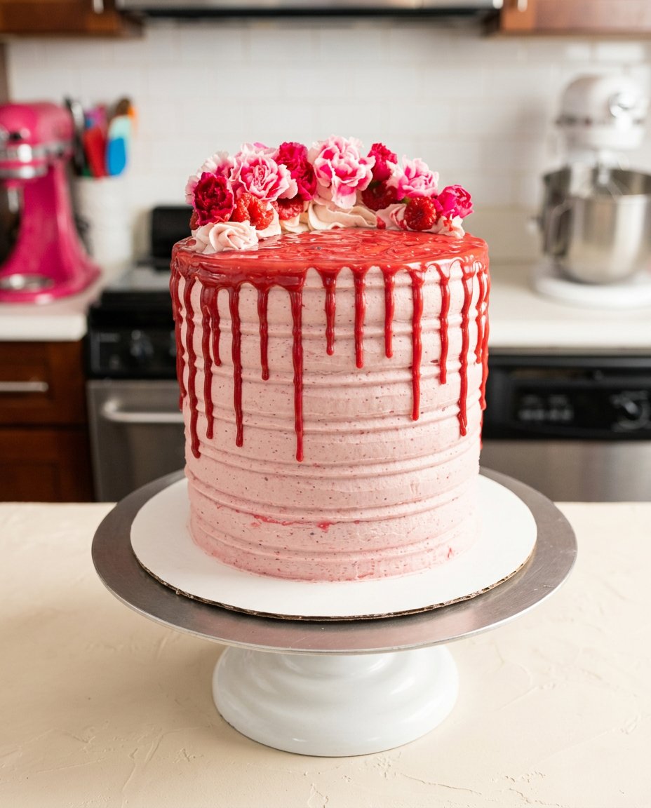 A single slice of White Chocolate Raspberry Anniversary Cake on a plain plate.