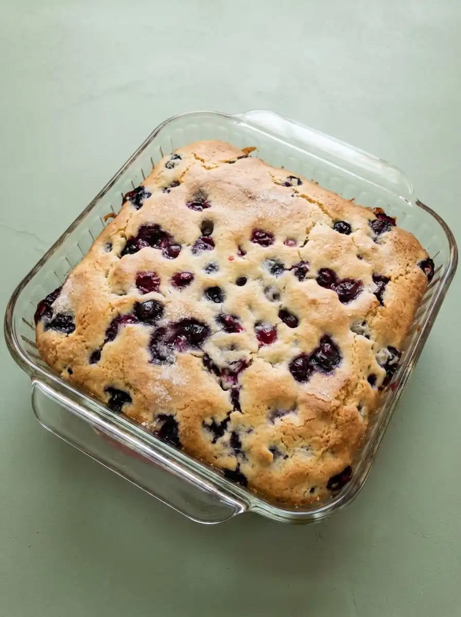 Blueberry Buttermilk Breakfast Cake 16 A warm slice of blueberry buttermilk breakfast cake showing the suspended fresh berries inside
