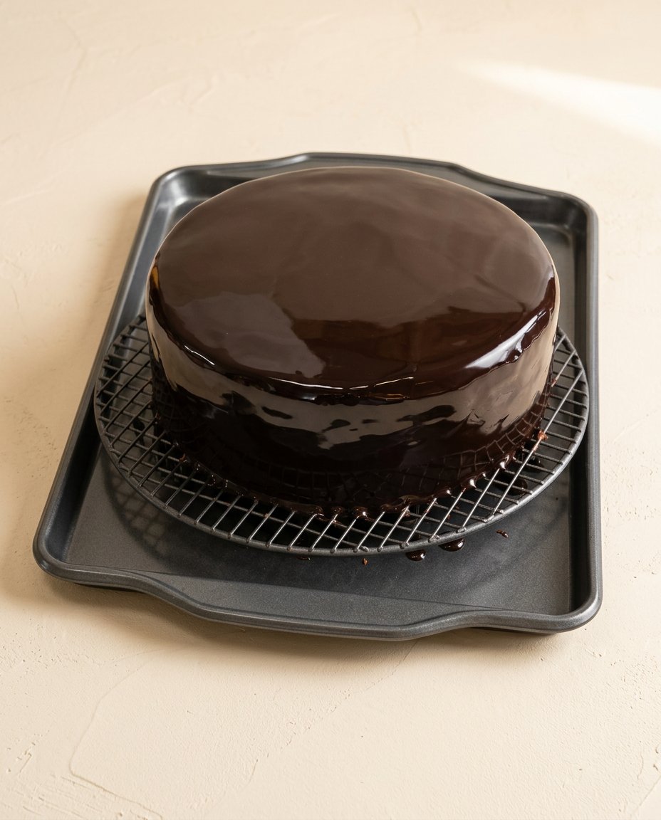 A neat slice of chocolate mirror glaze cake showing distinct layers of sponge and dark ganache.