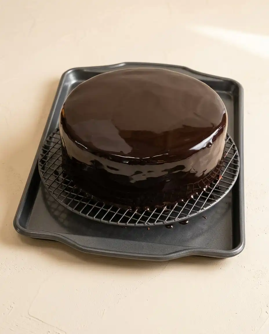 A neat slice of chocolate mirror glaze cake showing distinct layers of sponge and dark ganache.