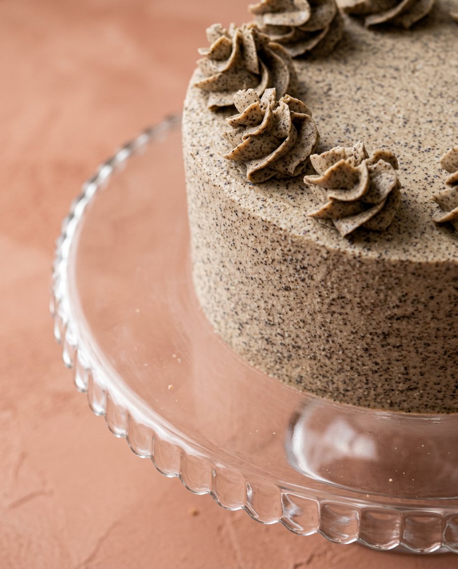 A generous slice of Cookies and Cream Birthday Cake served on a white vintage plate with a fork.