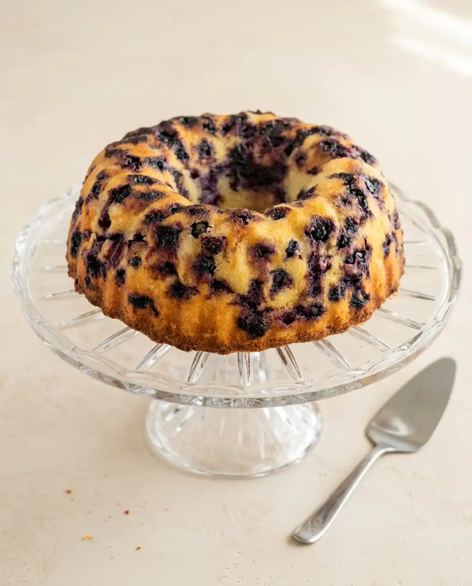 A slice of Lemon Blueberry Bundt Cake with Lemon Glaze served on a plain white plate