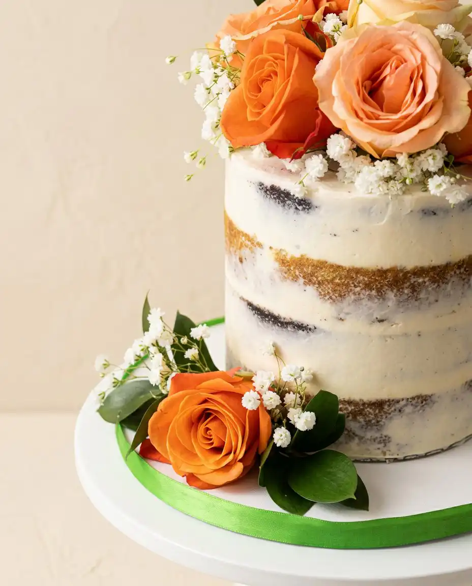 Naked Cake with Fall Flowers 16 A slice of a Naked Cake with Fall Flowers served with coffee on a white plate
