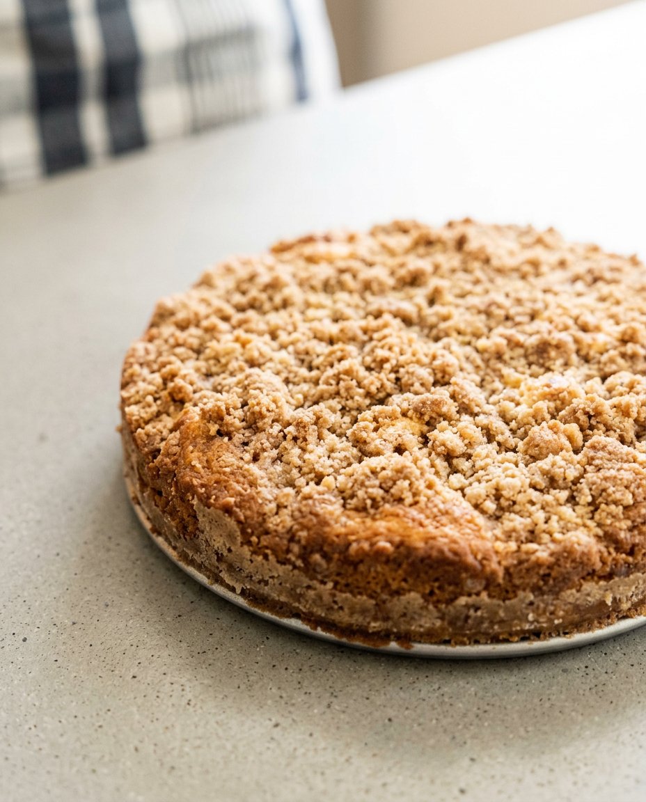 Peach Streusel Coffee Cake 16 A single slice of peach streusel coffee cake served on a ceramic plate with a cup of coffee.