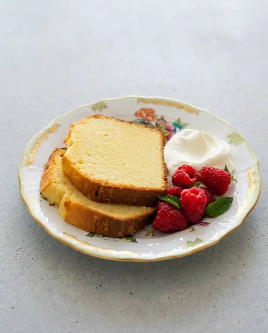 Generous slices of classic pound cake served alongside fresh red berries and whipped cream.