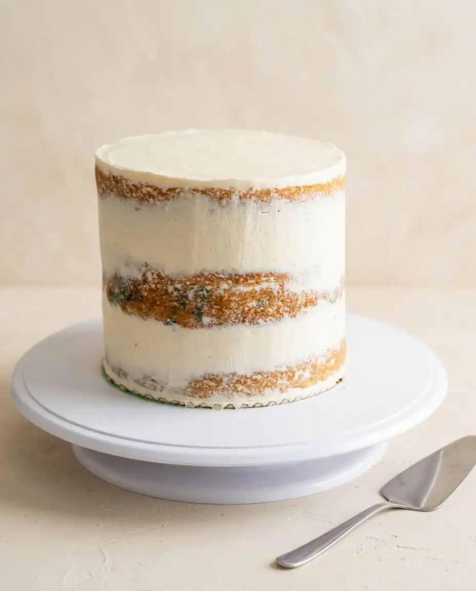 Vanilla Naked Cake 16 A single slice of Vanilla Naked Cake served on a white ceramic plate with a fork.