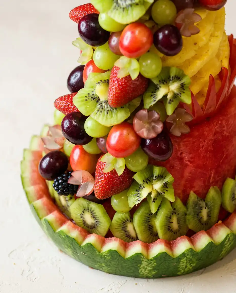 A single slice of Watermelon Fruit Cake Tower showing the colorful stacked layers