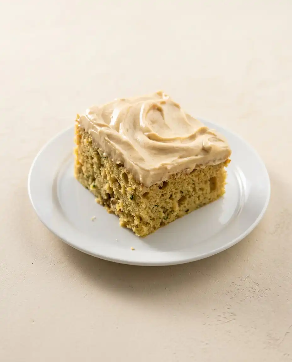 A single slice of zucchini cake with cinnamon and nutmeg served on a plate with coffee.