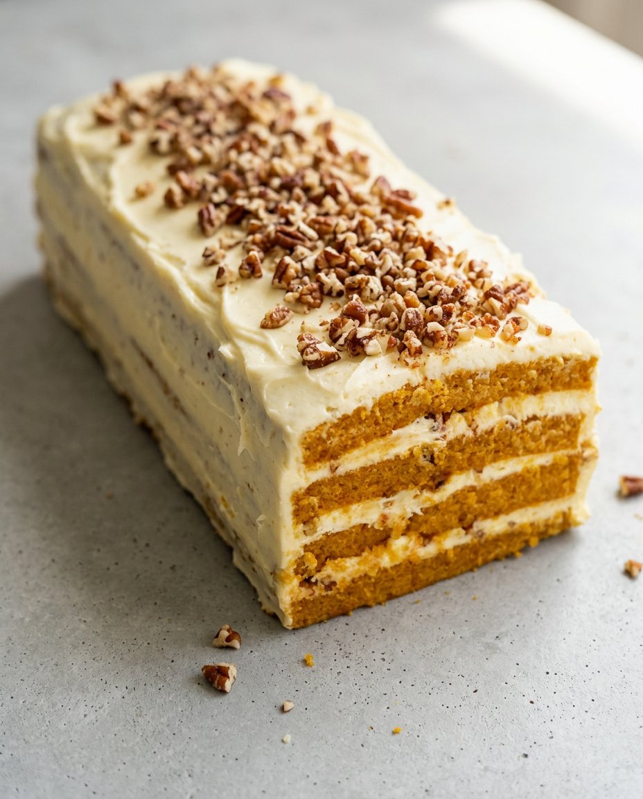 Classic Pumpkin Layer Cake 16 Slices of Classic Pumpkin Layer Cake served on plain white farmhouse plates.