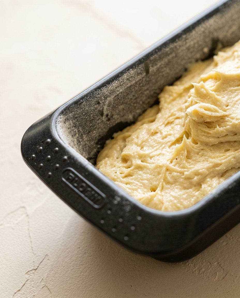 A sharp knife slicing through a dense and moist Vanilla Pound Cake on a wooden board.
