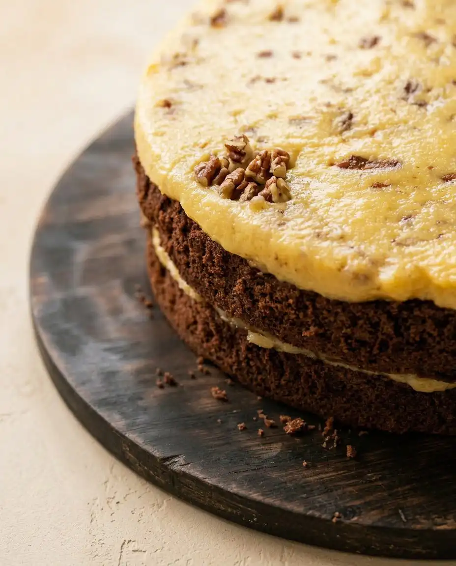 A slice of German Chocolate Cake being removed from the main cake.