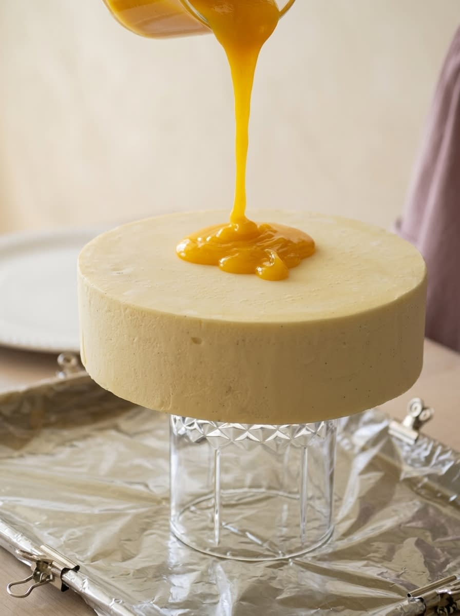 Mango Passion Fruit Mousse Cake 15 Slicing a perfect piece of Mango Passion Fruit Mousse Cake with a warm, clean knife.