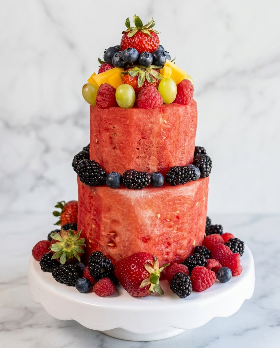 Classic Watermelon Fruit Cake 16 A wedge of Classic Watermelon Fruit Cake served on a white dessert plate with mint garnish