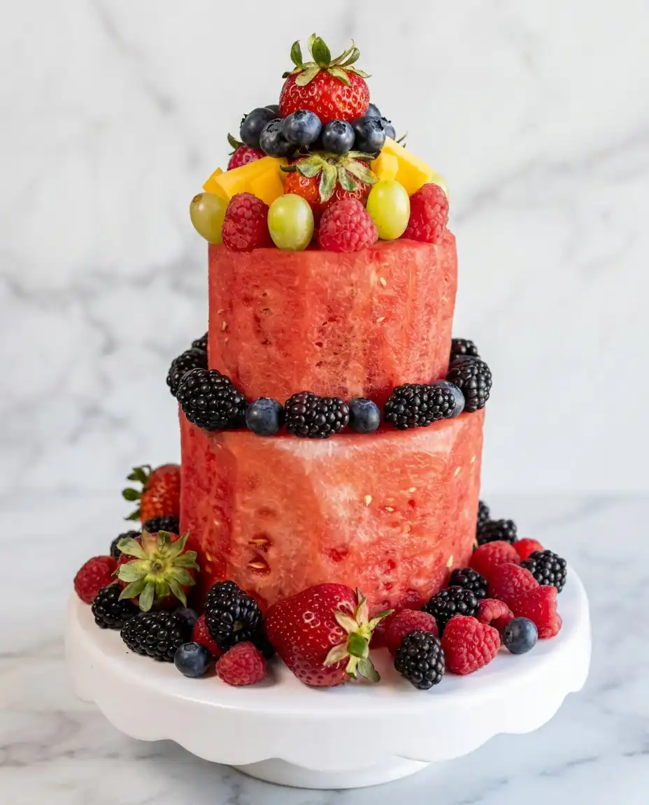 A wedge of Classic Watermelon Fruit Cake served on a white dessert plate with mint garnish