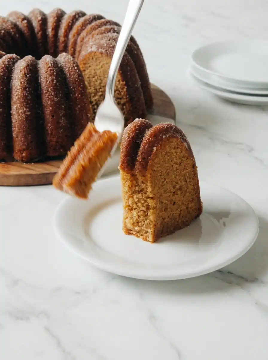 A close up slice of Apple Cider Cake coated in cinnamon sugar on a white plate.