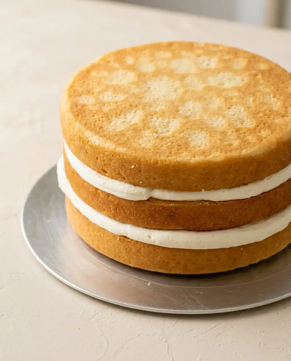 Using a warm serrated knife to cut clean slices of Classic Vanilla Layer Cake.