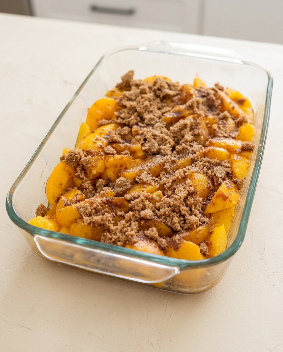 A chef slicing cold butter into thin uniform pats for a Cinnamon Canned Peach Dump Cake.