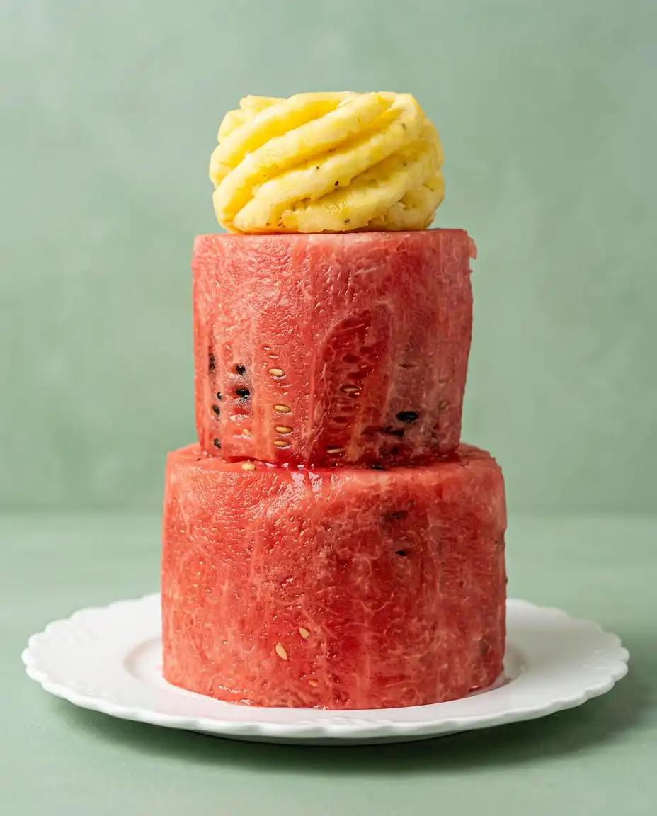 A baker trimming the rind off a large watermelon to make a Watermelon Fruit Cake Tower