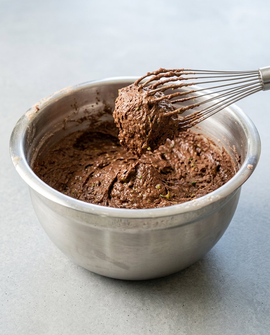 Slicing a healthy chocolate zucchini cake with a sharp knife on a wooden board