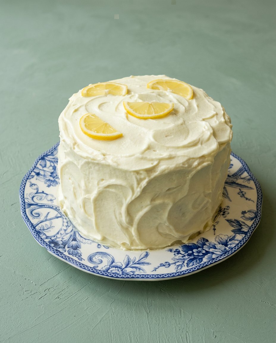 Lemon Blueberry Layer Cake with Cream Cheese Frosting 16 An offset spatula and knife slicing a lemon blueberry layer cake with cream cheese frosting.