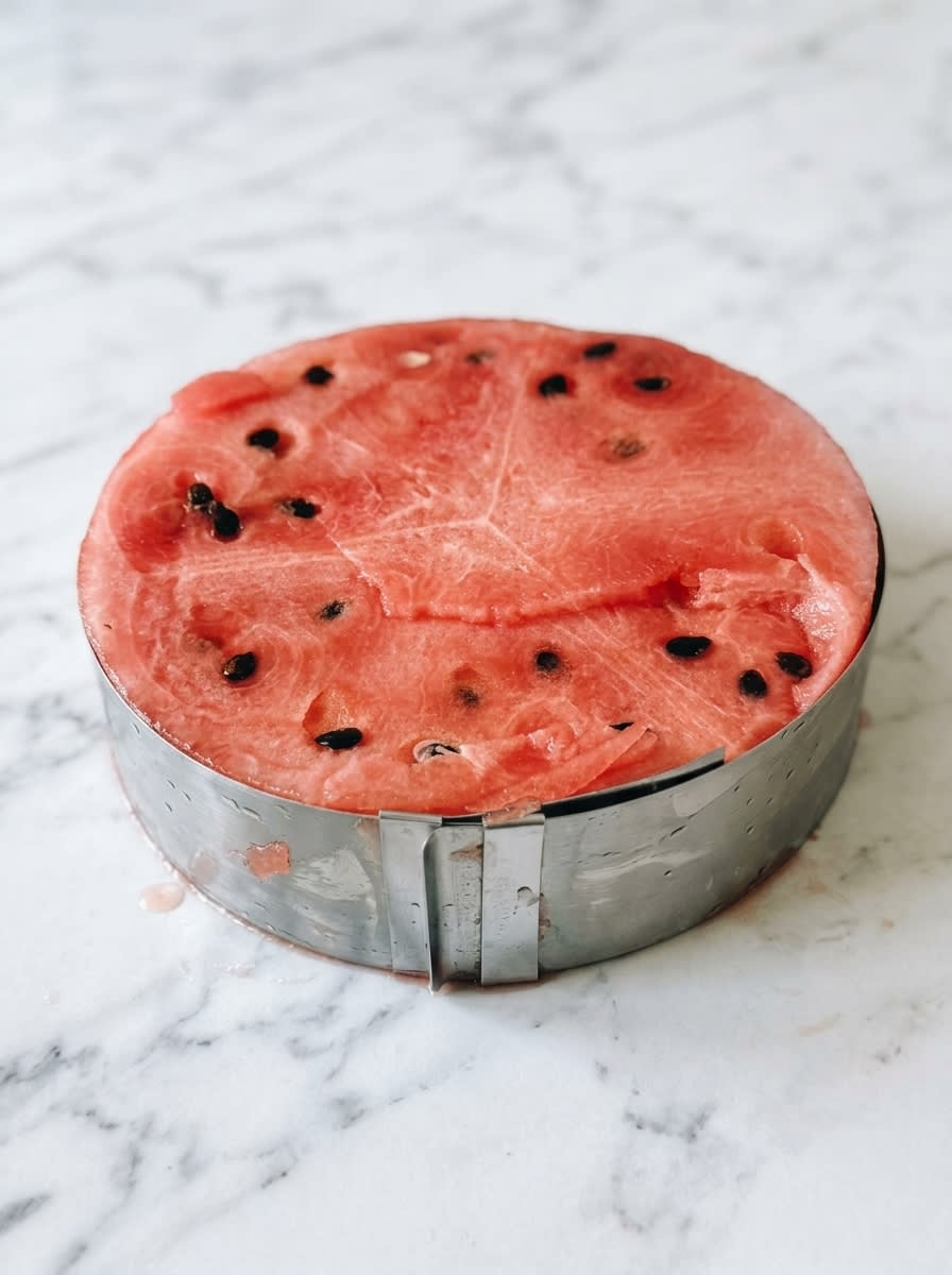 Using a sharp knife to slice the Watermelon and Berry Layer Cake cleanly