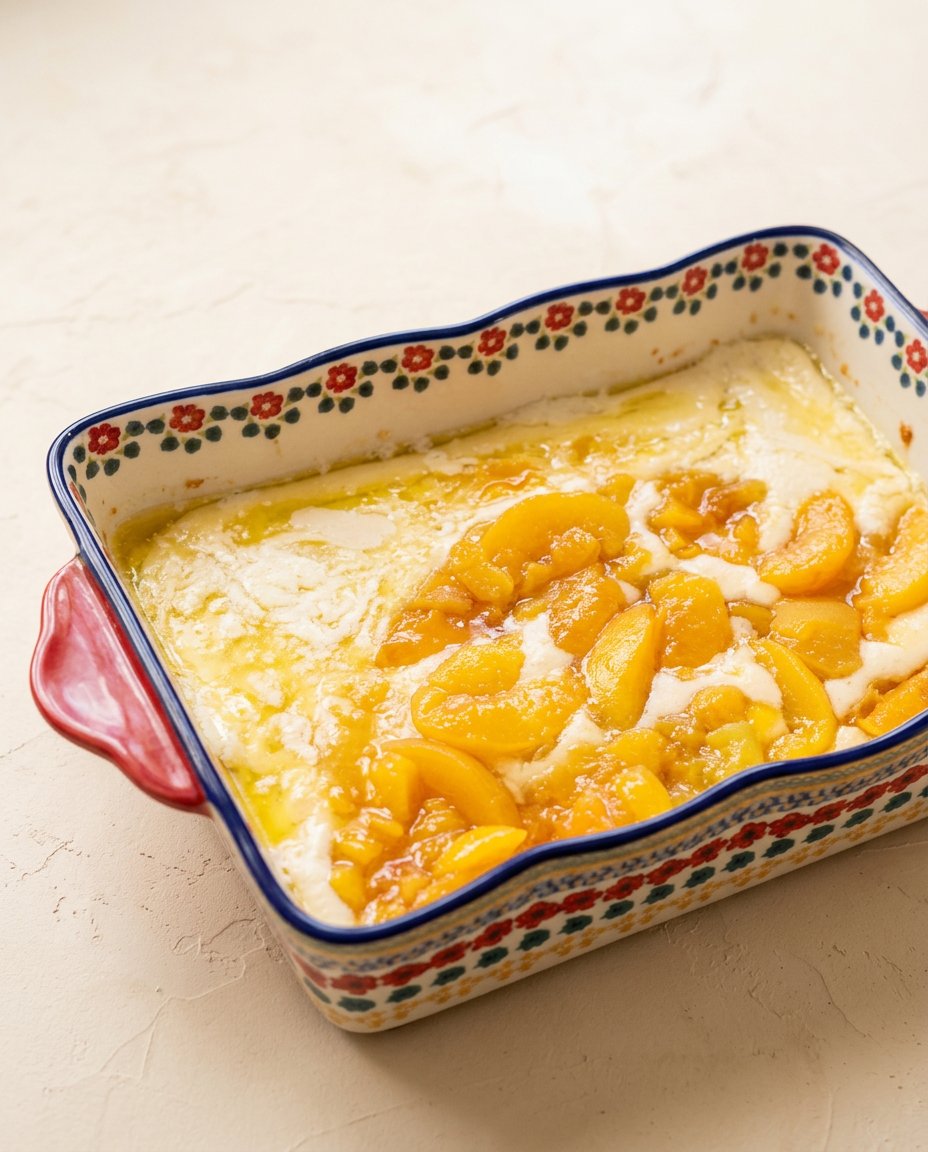 Spreading silky vanilla bean buttercream onto a cooled peach cobbler sheet cake base.