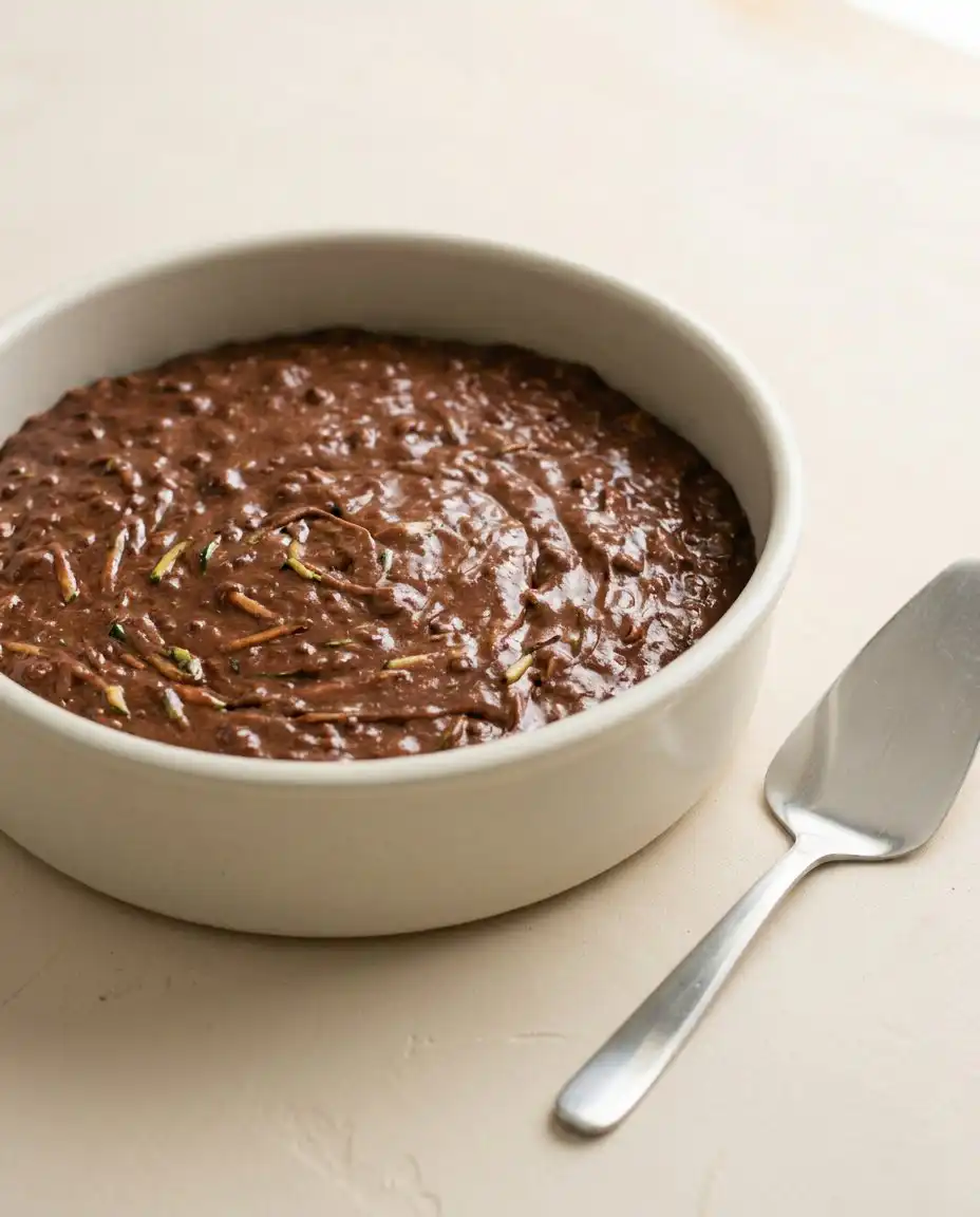 Spreading a thick layer of chocolate buttercream over a moist One-Bowl Chocolate Zucchini Cake layer.