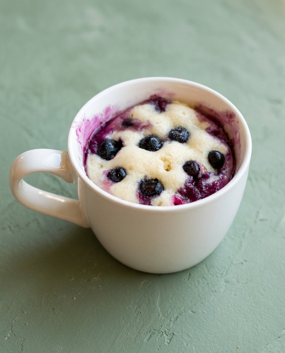 A steaming warm Easy Blueberry Mug Cake topped with a melting scoop of cold vanilla bean ice cream.